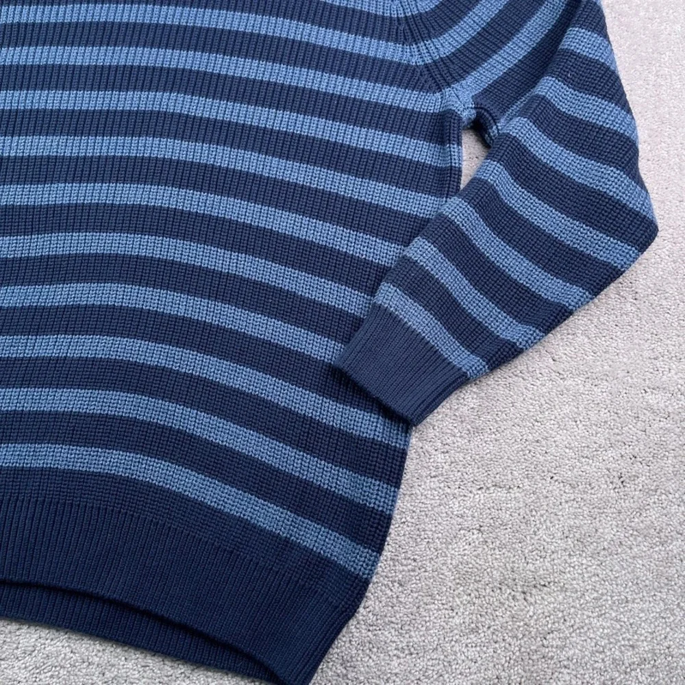 LL Bean Sweater Mens XL Tall Blue Stripes Crewneck Heavy Cotton Chunky Fisherman